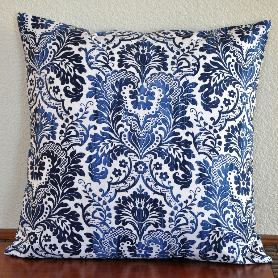 Blue Navy White Decorative Pillow Damask by Dear Stella 20 x 20 Pillow Cover