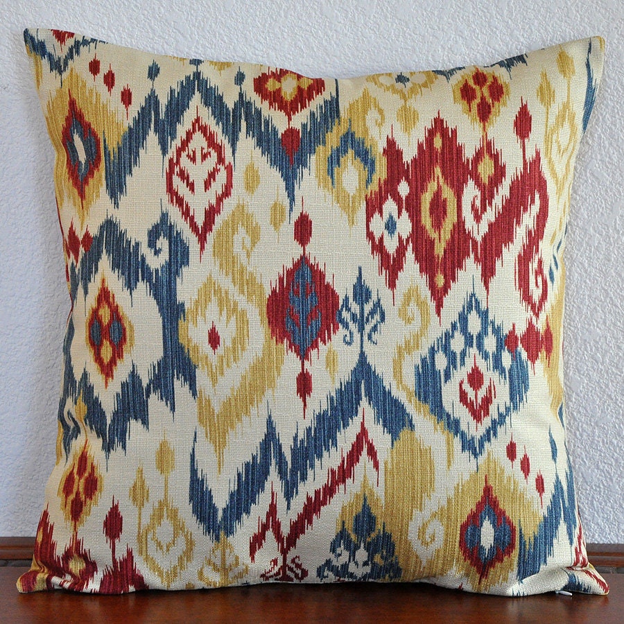Decorative Ikat Pillow Cover 20x20 inches  Red Blue Gold Cream