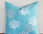 Aqua Gray and White Pillow Cover 20x20 Coral Print with Invisible Zipper