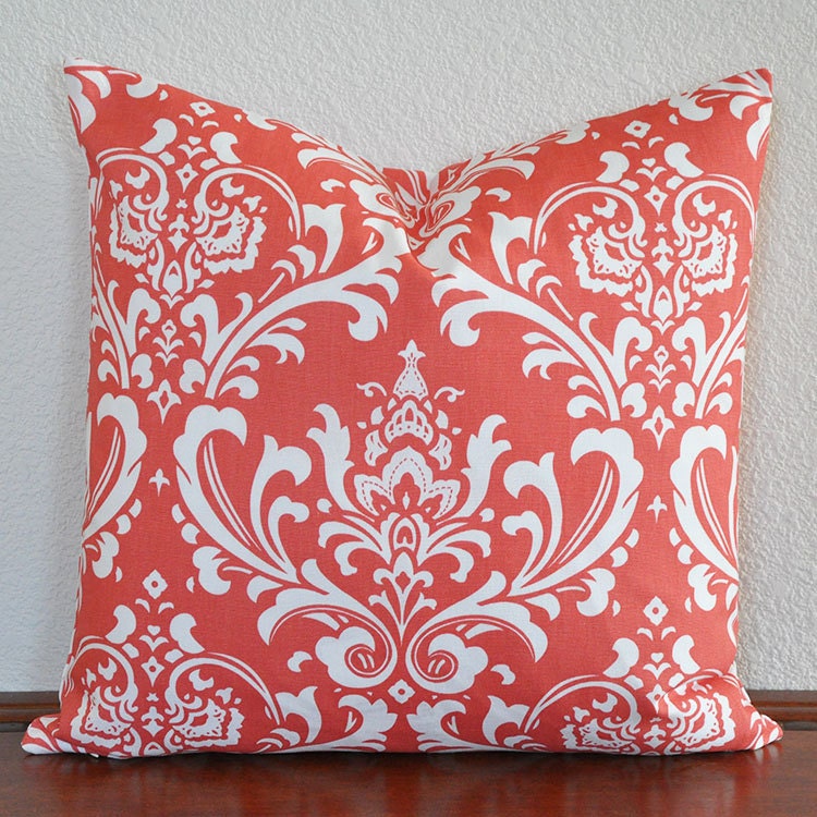 One Damask Coral and White Decorative Pillow Cover 20x20 Invisible Zipper Accent Pillow