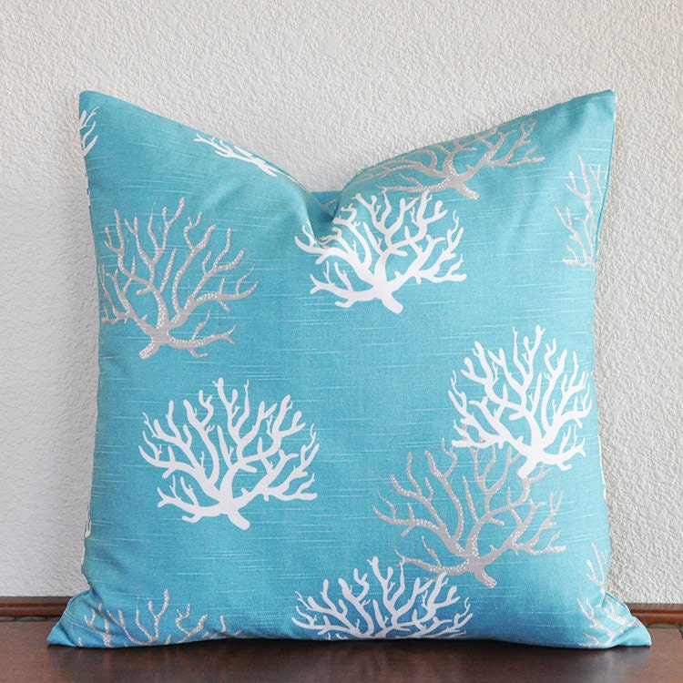 Aqua Gray and White Pillow Cover 20x20 Coral Print with Invisible Zipper