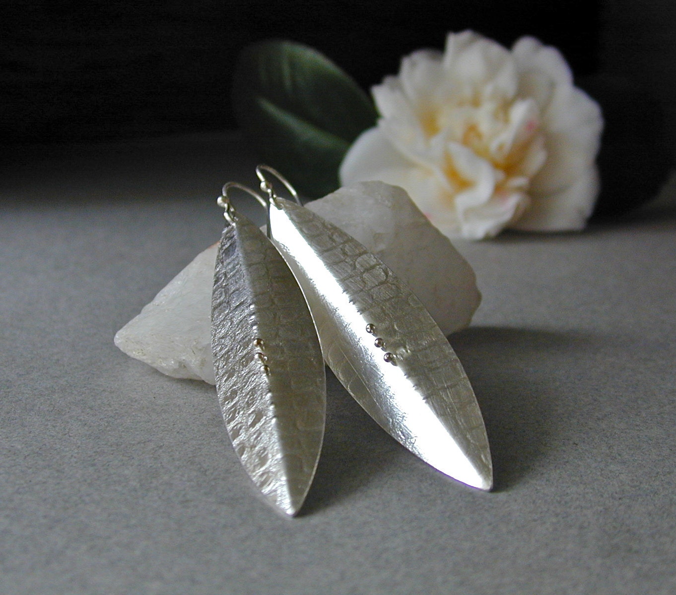 Long Sterling Silver Dangle Earrings, Textured, Forged, Shield Series, 3 1/2 inches