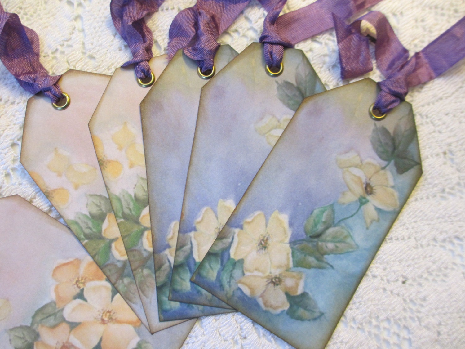 Set of 6 Tags Vintage Watercolor Yellow Wild Roses Double Sided Music Paper