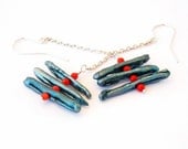 Teal Blue Stick Pearl and Red Coral Earrings, Chain Drops, Oriental Style