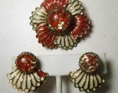 Shabby 1950s Red White Gold Flower Pin and Screwback Earring Set, Glittery Resin Cabouchon  Above Petals