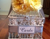 MEDIUM Ivory Shabby Chic Wedding Bird Cage Card Holder - Yellow And Gray