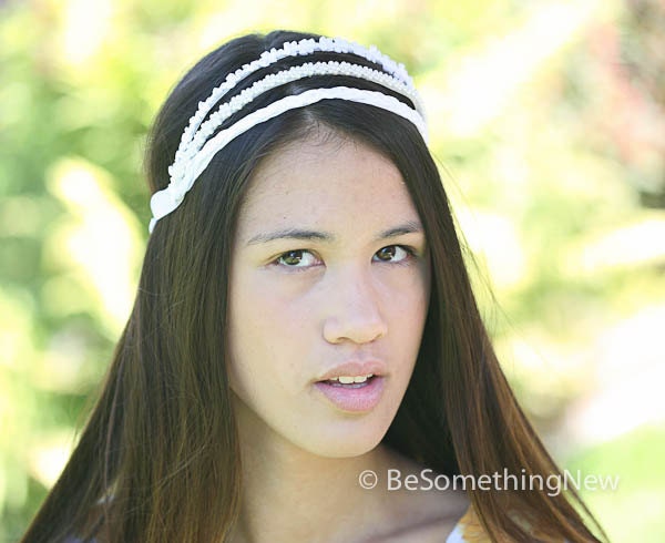 Triple band tie wedding headpiece in white