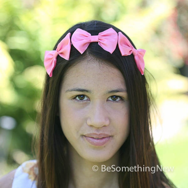 Three little bows in pink, headband for adults, women hair accessory, bridesmaids hair accessories