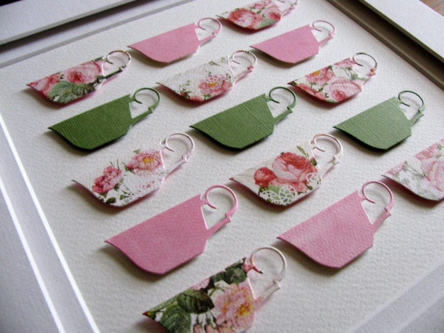 Shabby Tea Roses and Lace 3D Tea Cups All in a Row. Vintage. Art Decor. Rose Pink. Moss Green. 9x9 inches