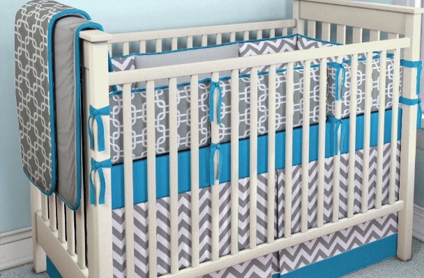 Chevron Custom Crib Bedding Teal and Gray