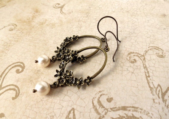 Metal Antique Brass Flower Bouquet Dangle Earrings, Ivory Swarovski Pearl Accents : bridal jewelry, country chic - Summer SALE 20% off