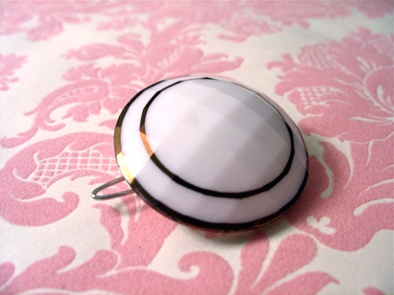 Art Deco Glass Barrette, White with Copper Stripe - Summer SALE 20% off