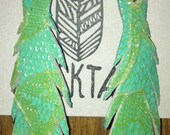 Teal and gold lace recycled skinny leather feather earrings