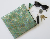 Brocade Peacock Feather Clutch. Cotton Tassel. Green. Blue. Metallic. Shine. Glamour. Bridal. Zipper Pouch.