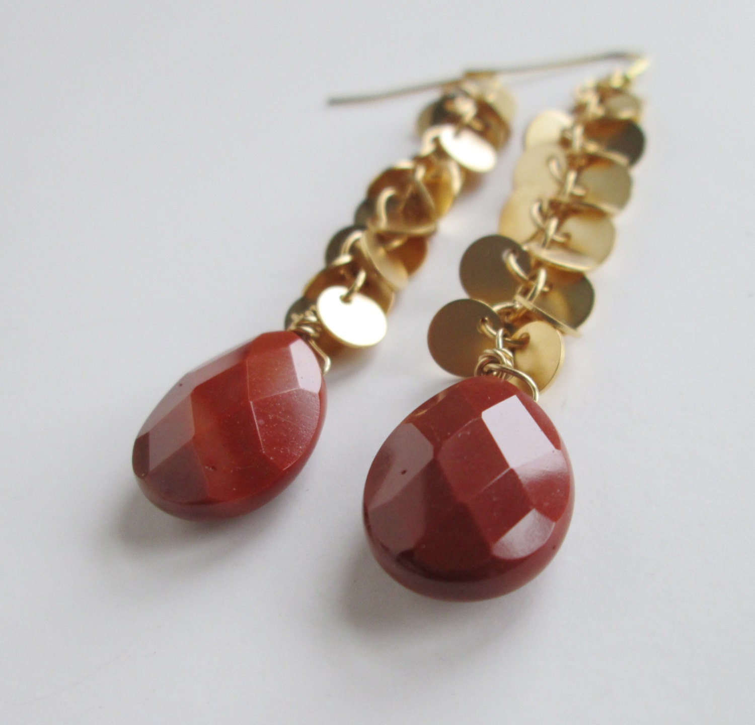 Long Coin Dangles. Faceted Teardrop. Mookaite. Ox blood Red. Stone Dangles. Gold Coins.