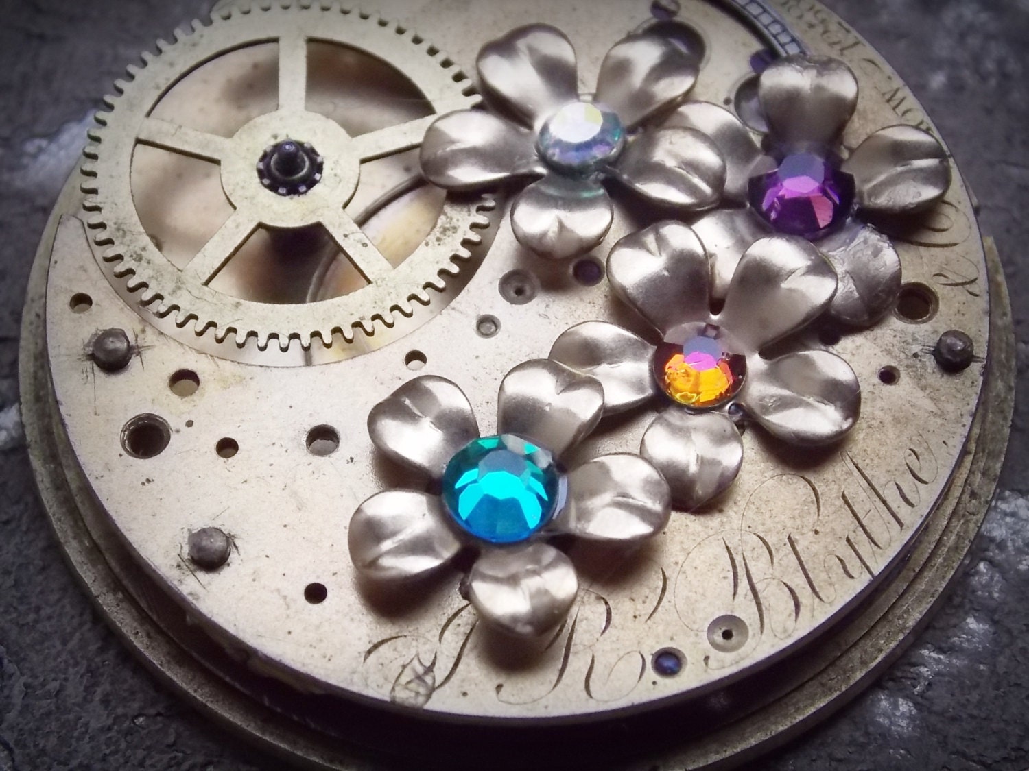 Brass Pocket Watch Necklace Steampunk Jewelry Large Etched Colorful Flower Crystals Clockworks