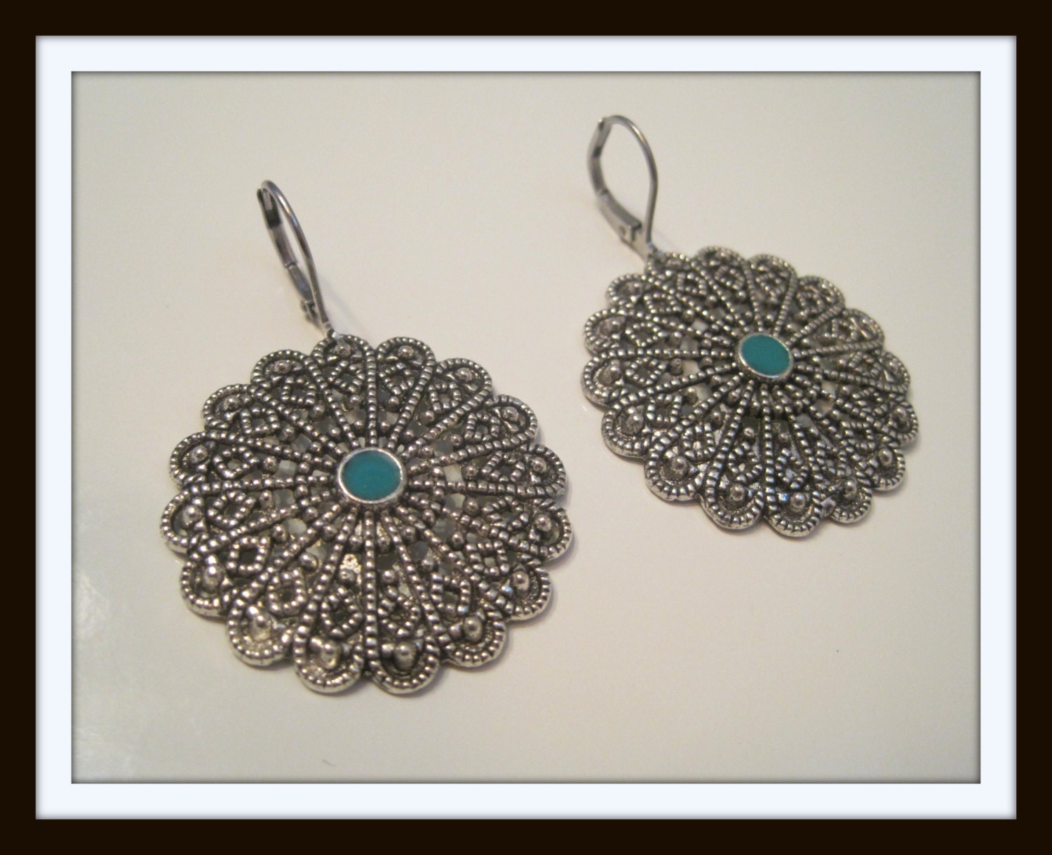 Antiqued Silver Filigree Surgical steel lever backs- teal