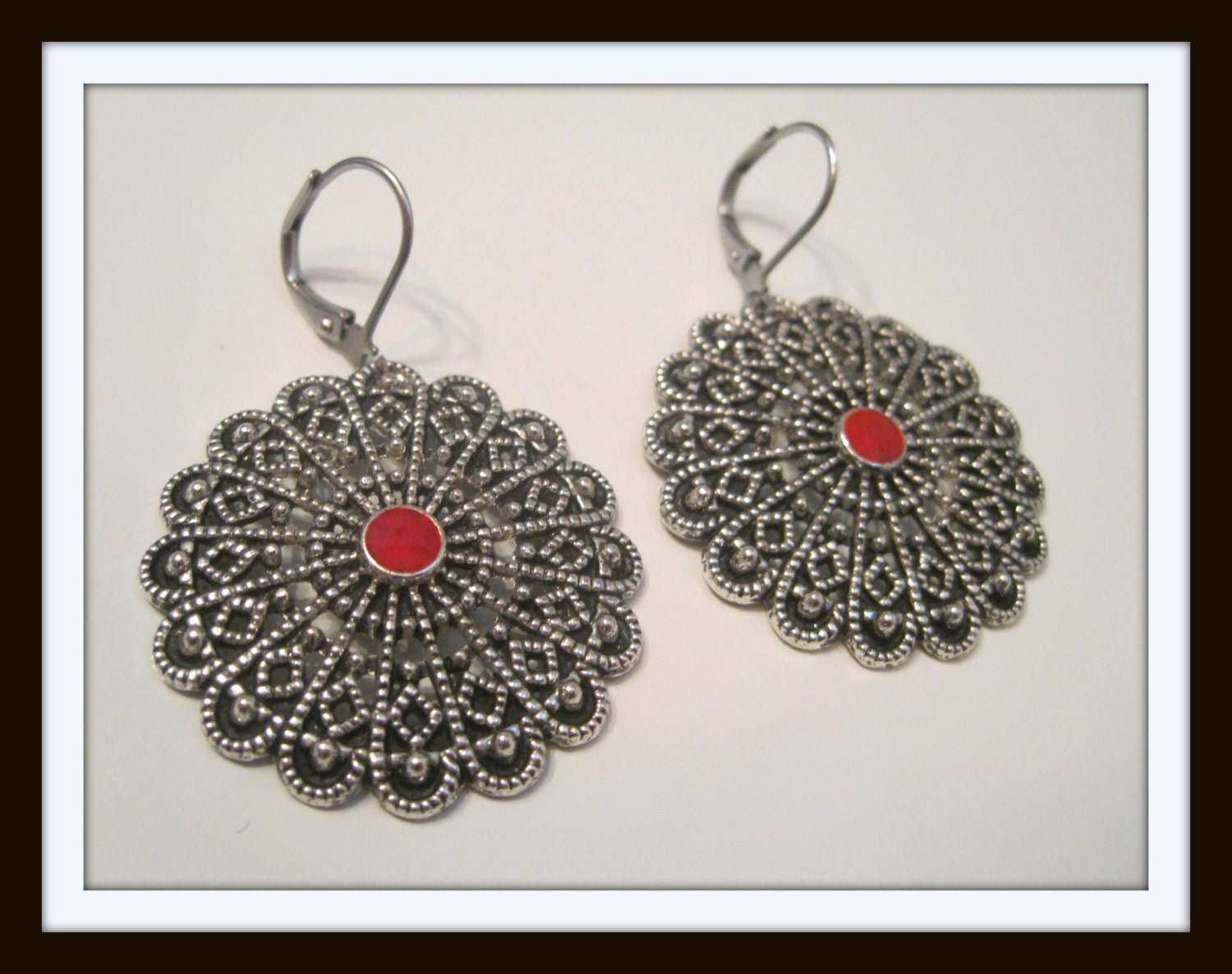 Antiqued Silver Filigree Surgical steel lever backs- red