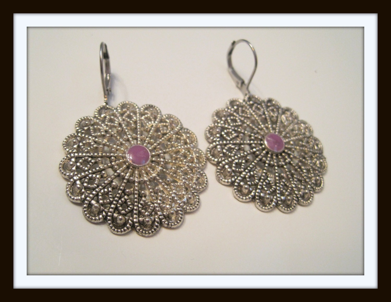 Antiqued Silver Filigree Surgical steel lever backs-avender l
