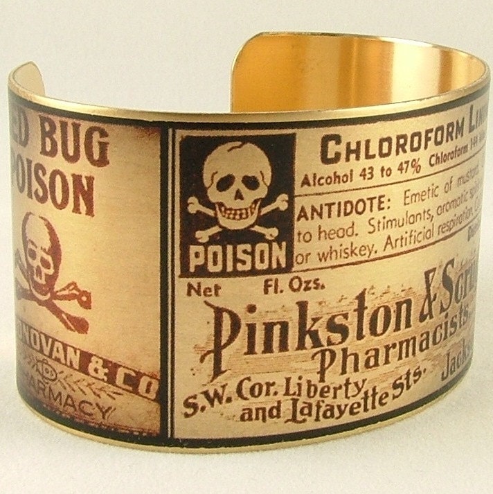 Steampunk Brass Cuff Bracelet with Poison and Deadly Labels