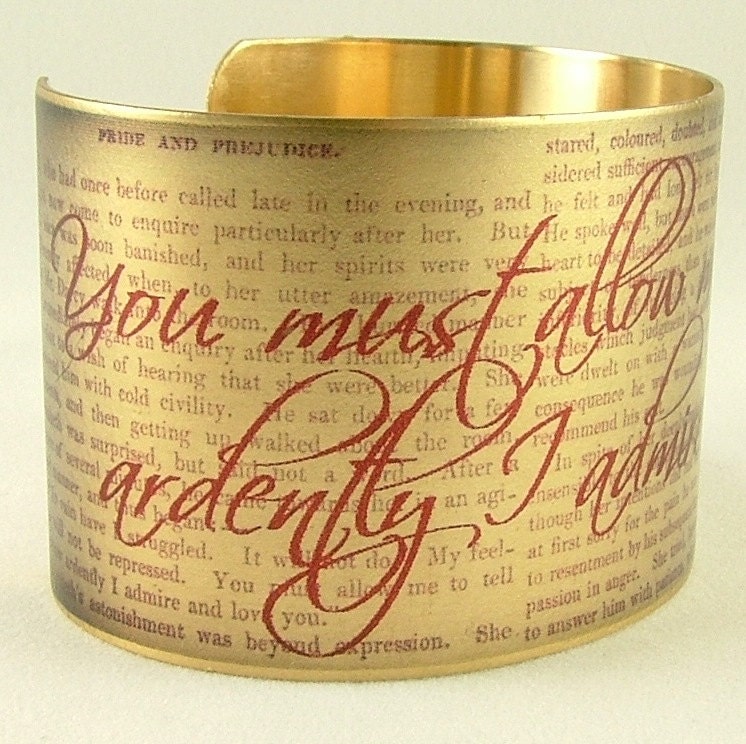 Jane Austen Jewelry Pride and Prejudice Literary Book - Marriage Proposal - Brass Cuff Bracelet in Red