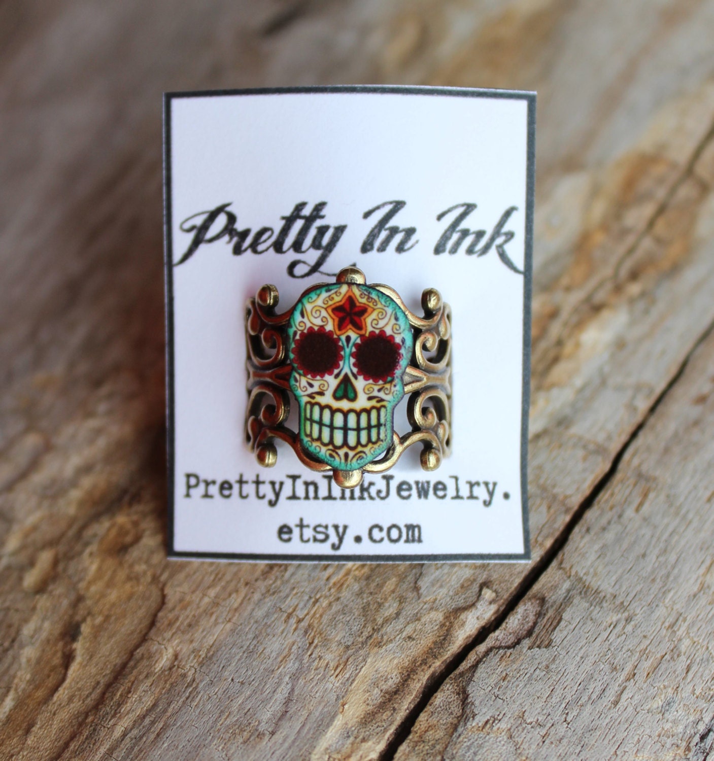 Dia de los Muertos Filigree Sugar Skull Ring in an Antiqued Brass Finish