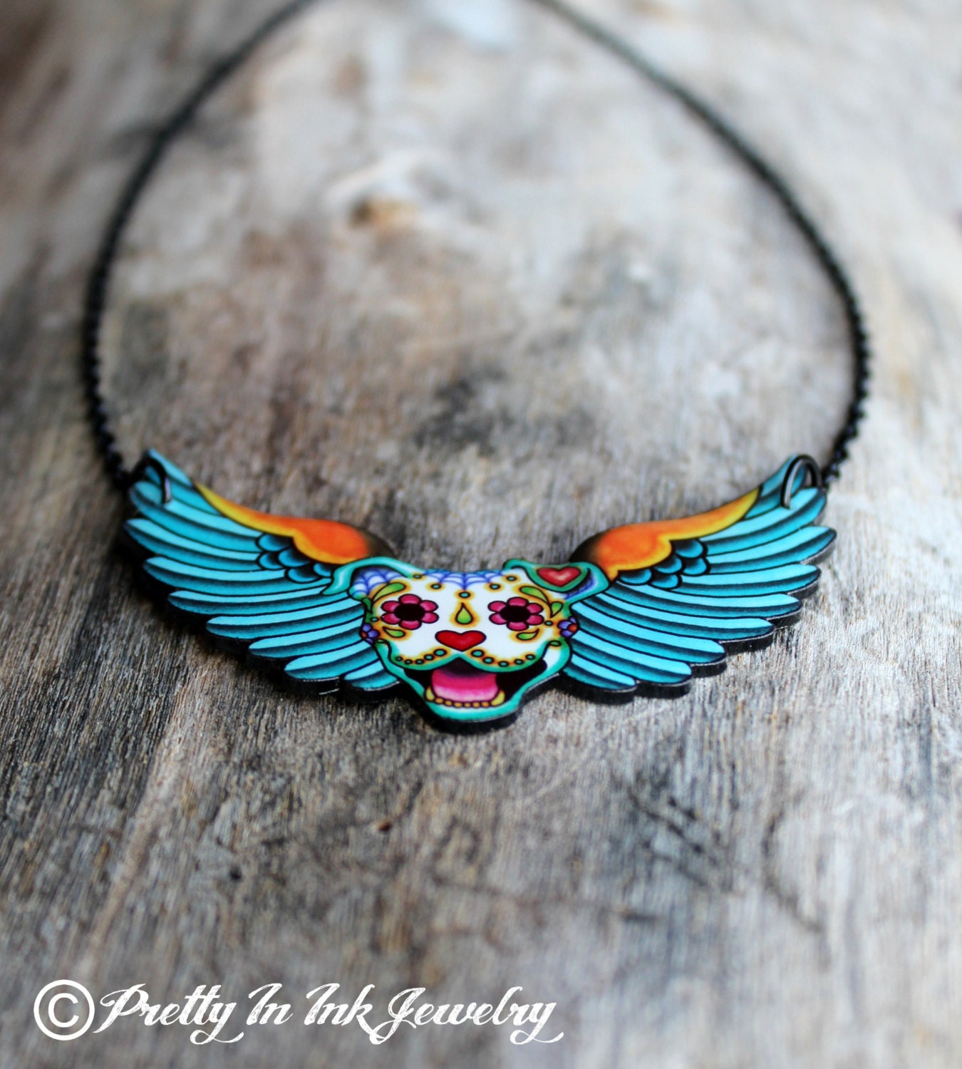 All Pit Bulls Go To Heaven Necklace - Day of the Dead Sugar Skull Dog