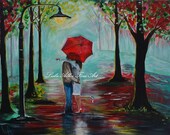 Couple In Love Couples Acrylic Original Painting Kissing Raining Rain Red Umbrella Hugging Embracing Umbrella Park Street Light "I Love You"