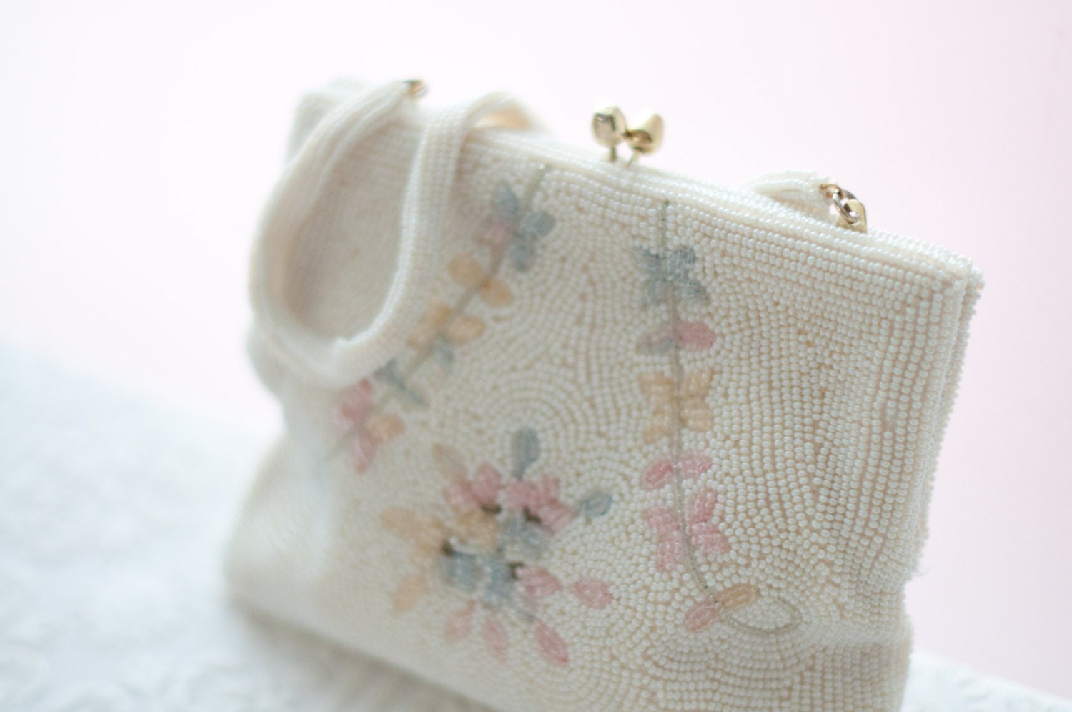 Vintage beaded clutch purse, ivory with pink, blue and yellow floral pattern, high quality, mint condition