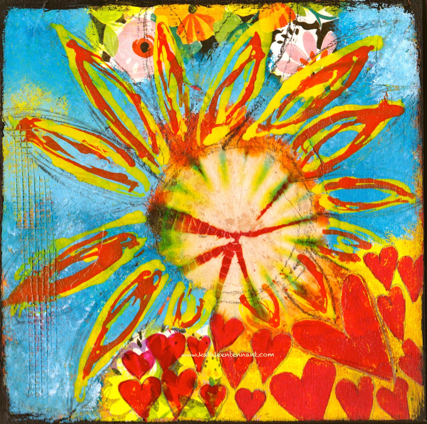 Bursting - 8"x8" Mixed Media Original - Home Decorating, Brightly Coloured Art, Art with Hearts, Original Art, Interior Decorating