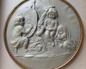 Antique Victorian Cherub Angel Celluloid Medallion Plaque