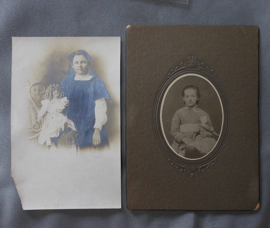 2 Antique Photos of Little Girls Holding a Porcelain Dolls