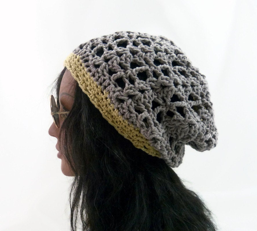 Shelly Summertime Slouchy Beanie -  Italian Cotton/Acrylic in Gray and Light Yellow