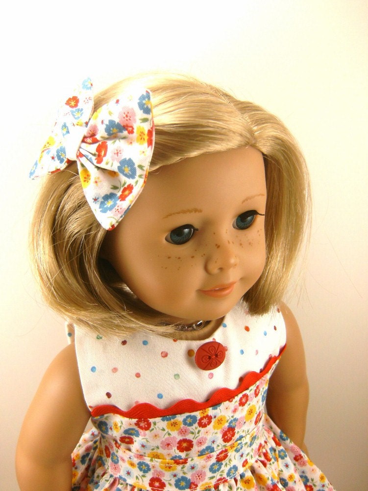 Made For American Girl Doll Other 18 Inch Dolls Flowers and Dots Split Bodice Sleeveless  Dress Matching Hair Bow