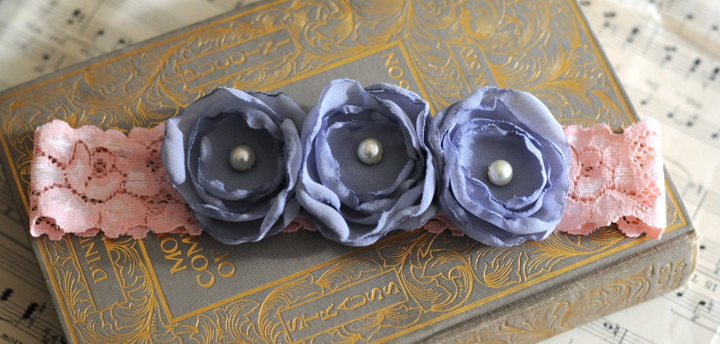 Tegan - Handmade Purple Vintage Fabric Flowers with Pearls on Pink Lace Headband