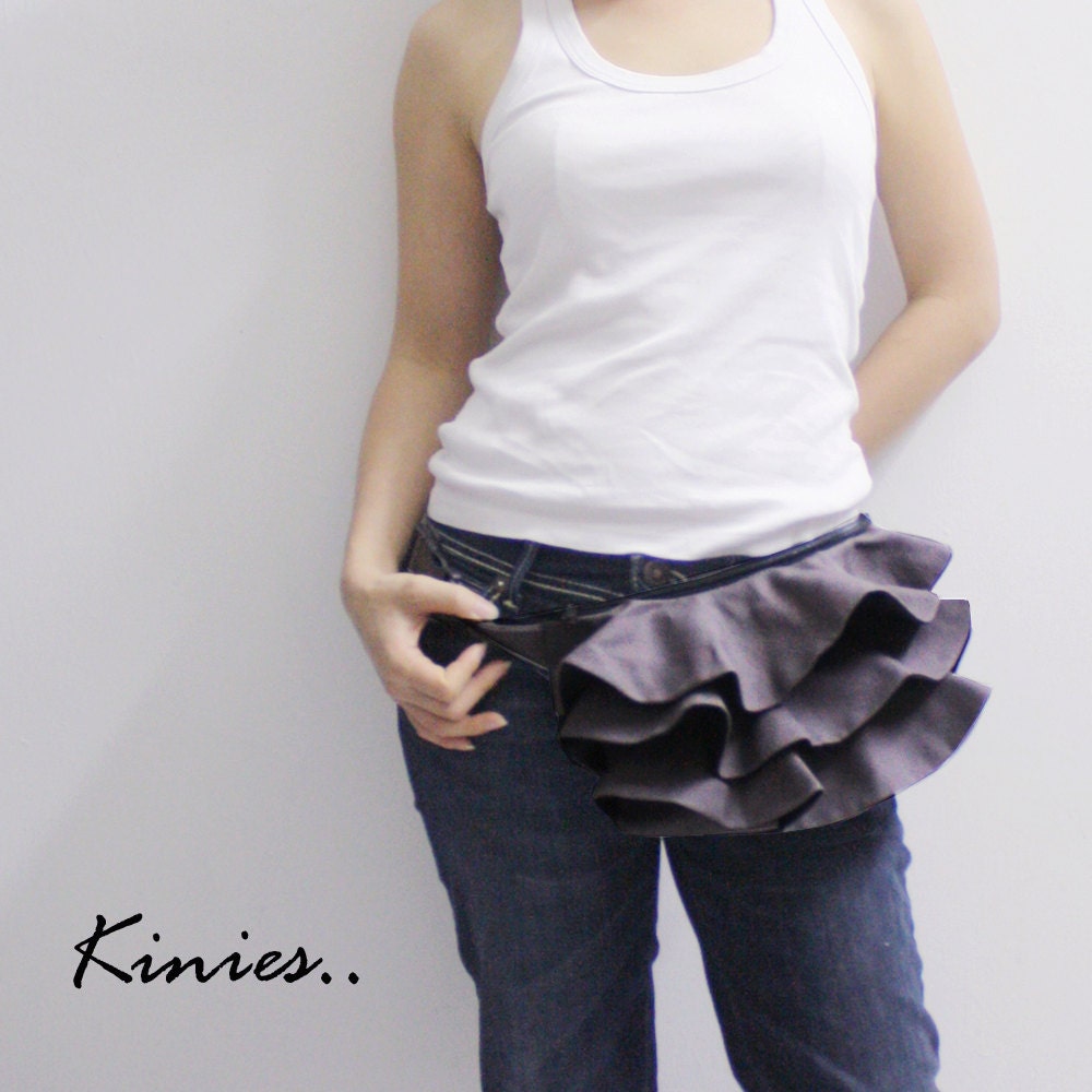 Father Day Sale - Gray Ruffled Canvas Women's Fanny Pack, Hip Bag, Belt pouch, Handbag, Handbag - Kinies Ruffled Waist Purse