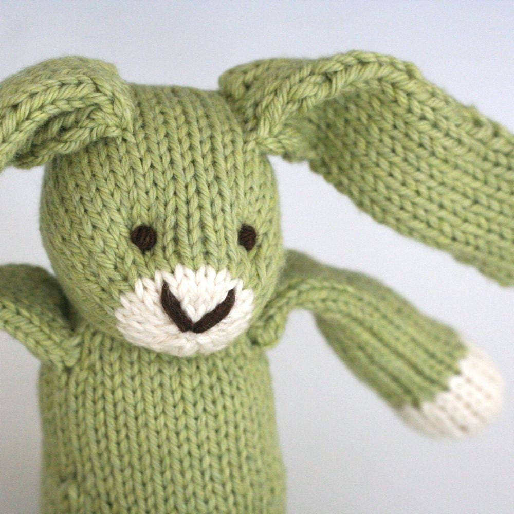 Green Tea Bunny - Hand Knit Organic Cotton Eco Friendly Stuffed Animal - Toy Rabbit, 10" tall