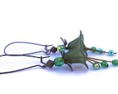 Mother's Day Sale, Green Flower Earrings, Green Lucite Lily Flower Earrings with Antique Bronze Findings and Kidney Earwires