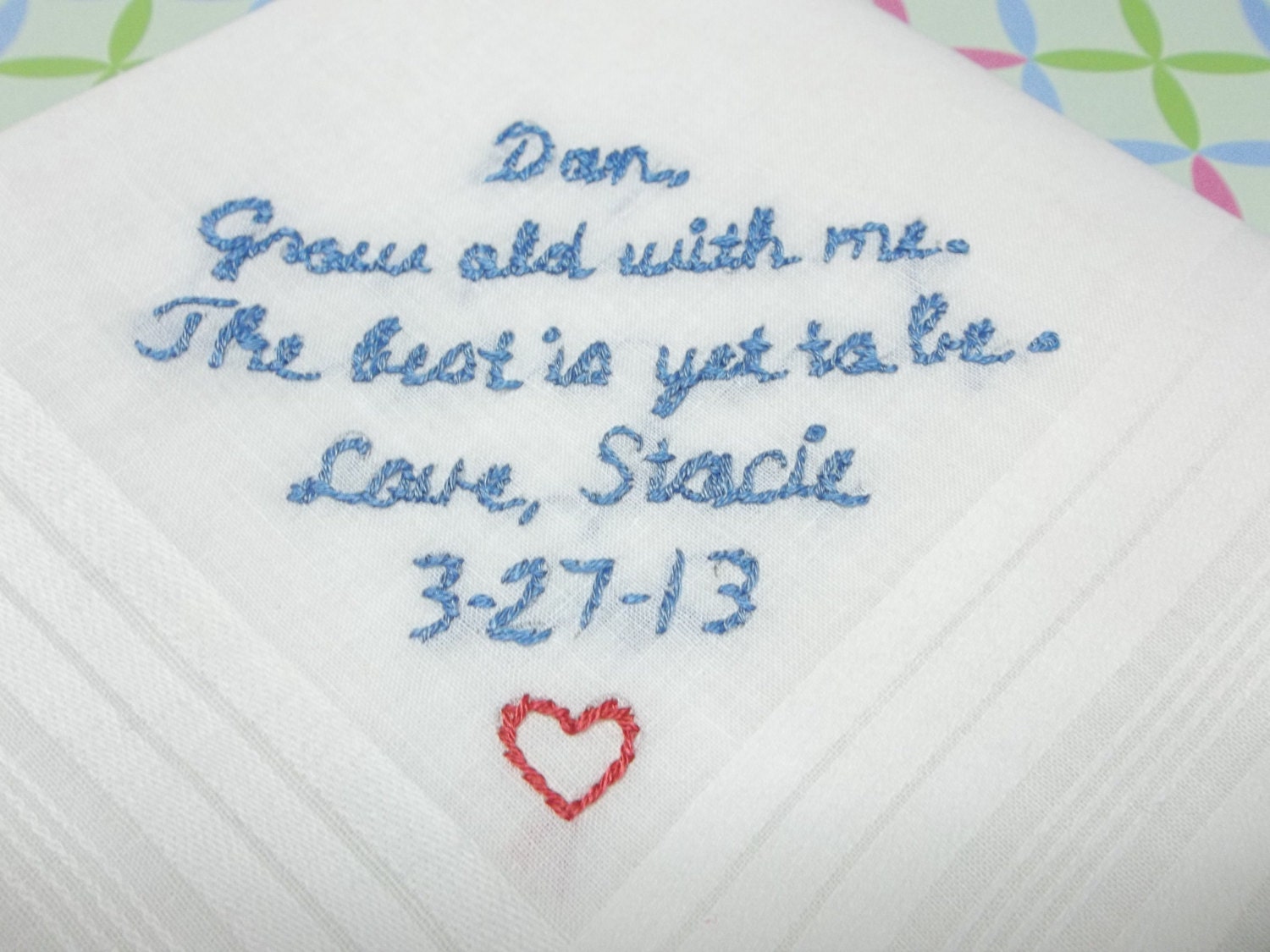 Groom wedding handkerchief, bride to groom, hand embroidered, grow old with me, blue and red, groom gift, wedding colors welcome, ivory hank