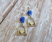 Charmed Earrings Silver Bird in Cage with Cobalt Blue Flower Oval Beads
