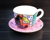 Hand painted Ceramic cup - cat with polka dots - extra large cup