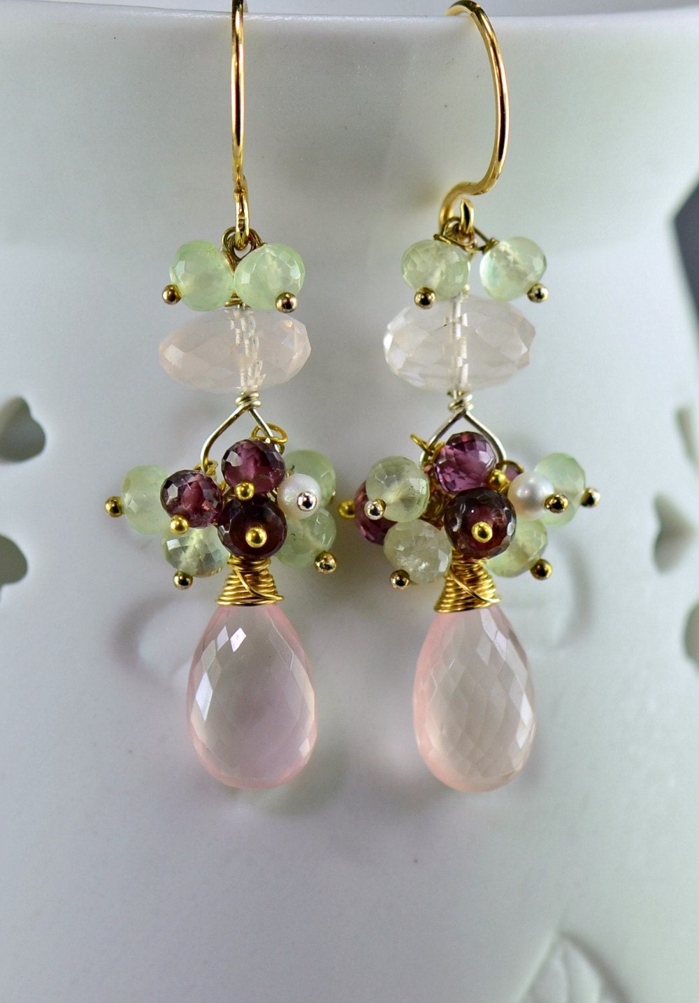 Rose Quartz Wire Wrapped Earrings Pearl Garnet Phrenite 14k Gold Filled  Sterling Silver Gemstone Dangle Earrings