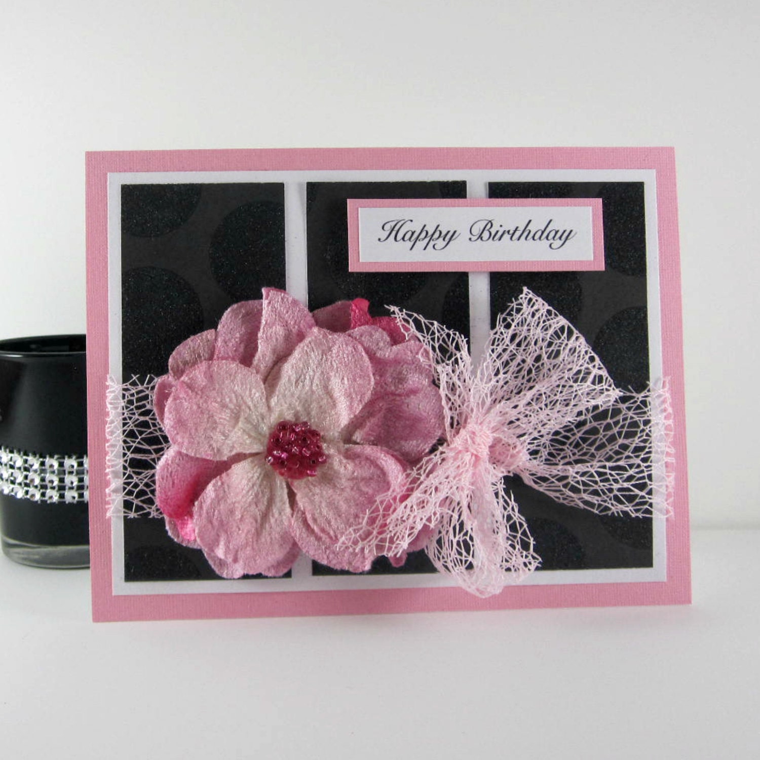 Birthday card, female, women, woman, girl, personalized happy birthday card, pink black white