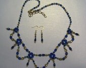 Blue and Gold Beaded Necklace and Earrings Set