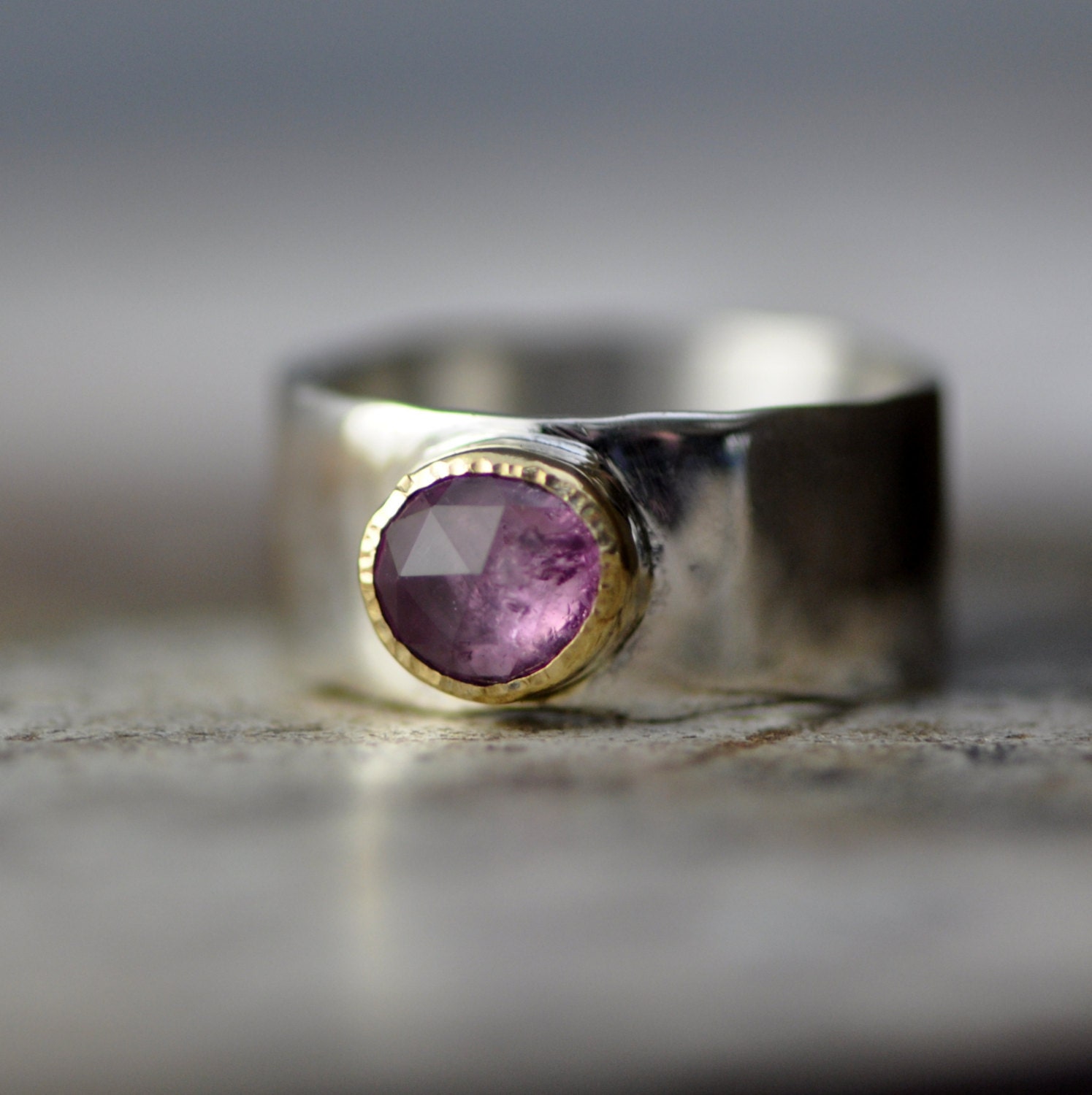 rose cut  lavender pink sapphire wide band ring, high polish sterling silver with 18k gold bezel