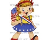 Retro American Little Patriotic Girl With Flag  Clip Art C-418 for Personal and Commercial Use Invitations, Iron-Ons, more