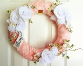 Cotton and Lace -  Felt and Fabric Wreath -  Shabby Chic Door Decoration in Pink and White - Nursery or Home Decor