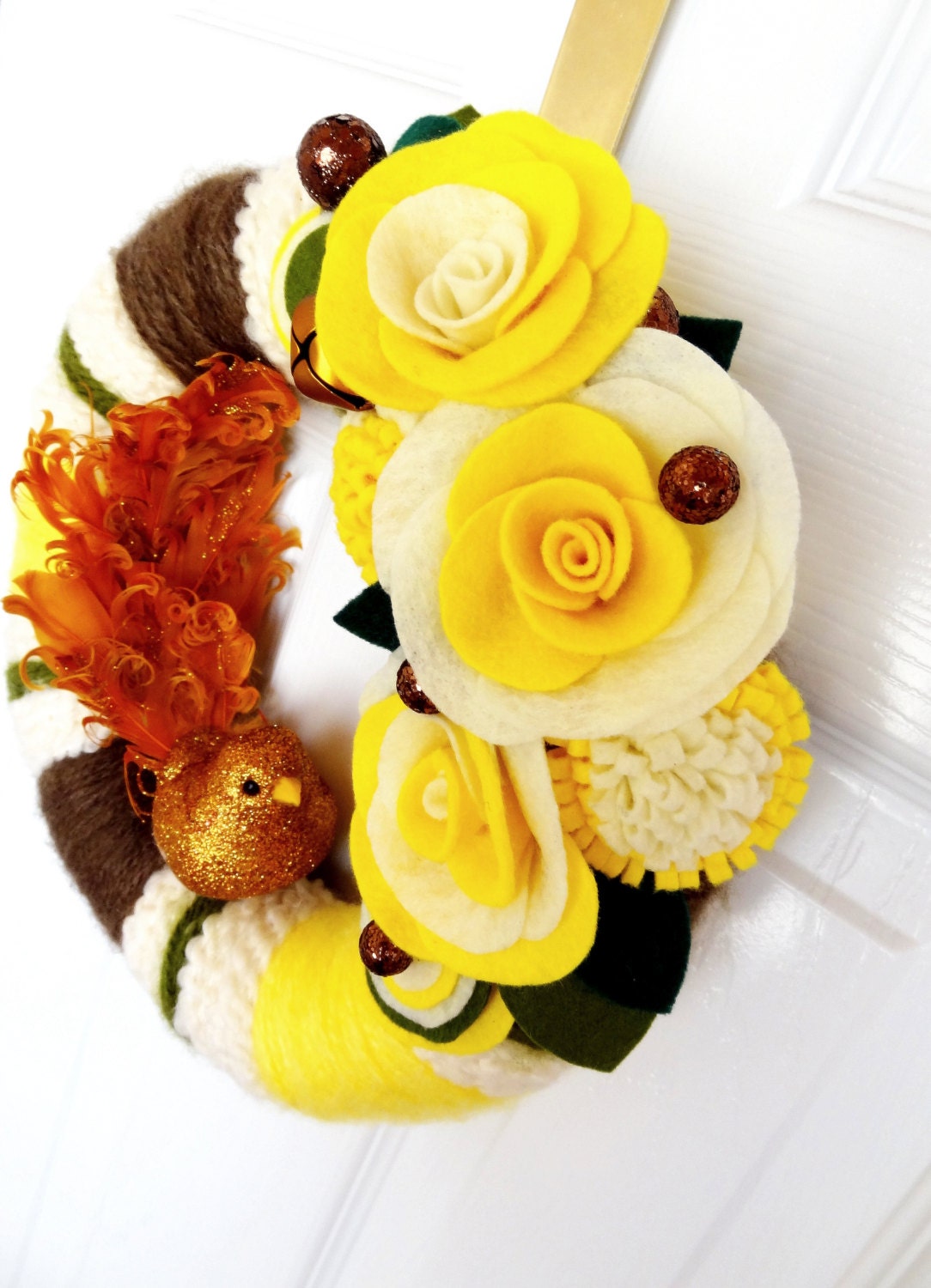 Sunlight, Grass and Fresh Earth- The Original Felt and Yarn Wreath - Door Decoration in Cream, Yellow and Brown - Home Decor Art Textile