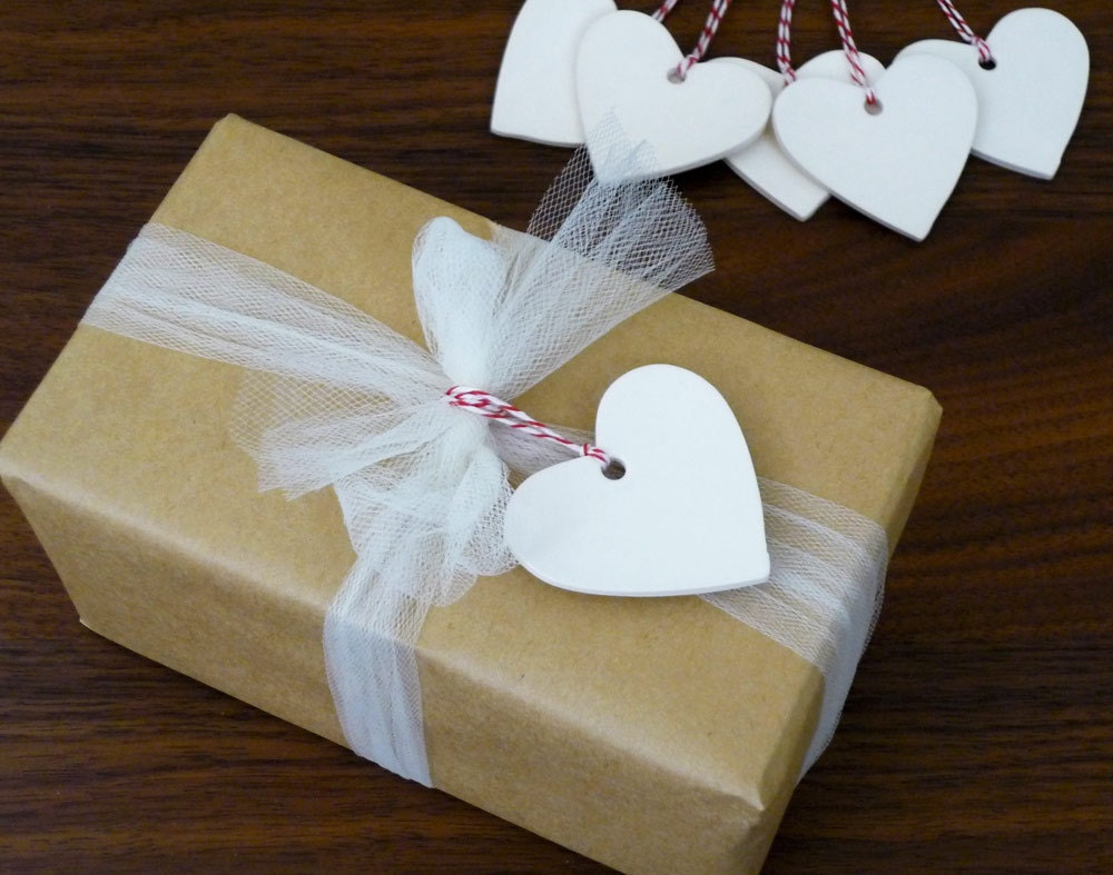 Set of 6 White Porcelain Heart Tags