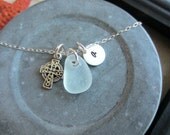 Personalized Charm Necklace with Sterling Silver Celtic Cross Sea Glass and Initial Charm Wedding Bridesmaid Gift, Irish